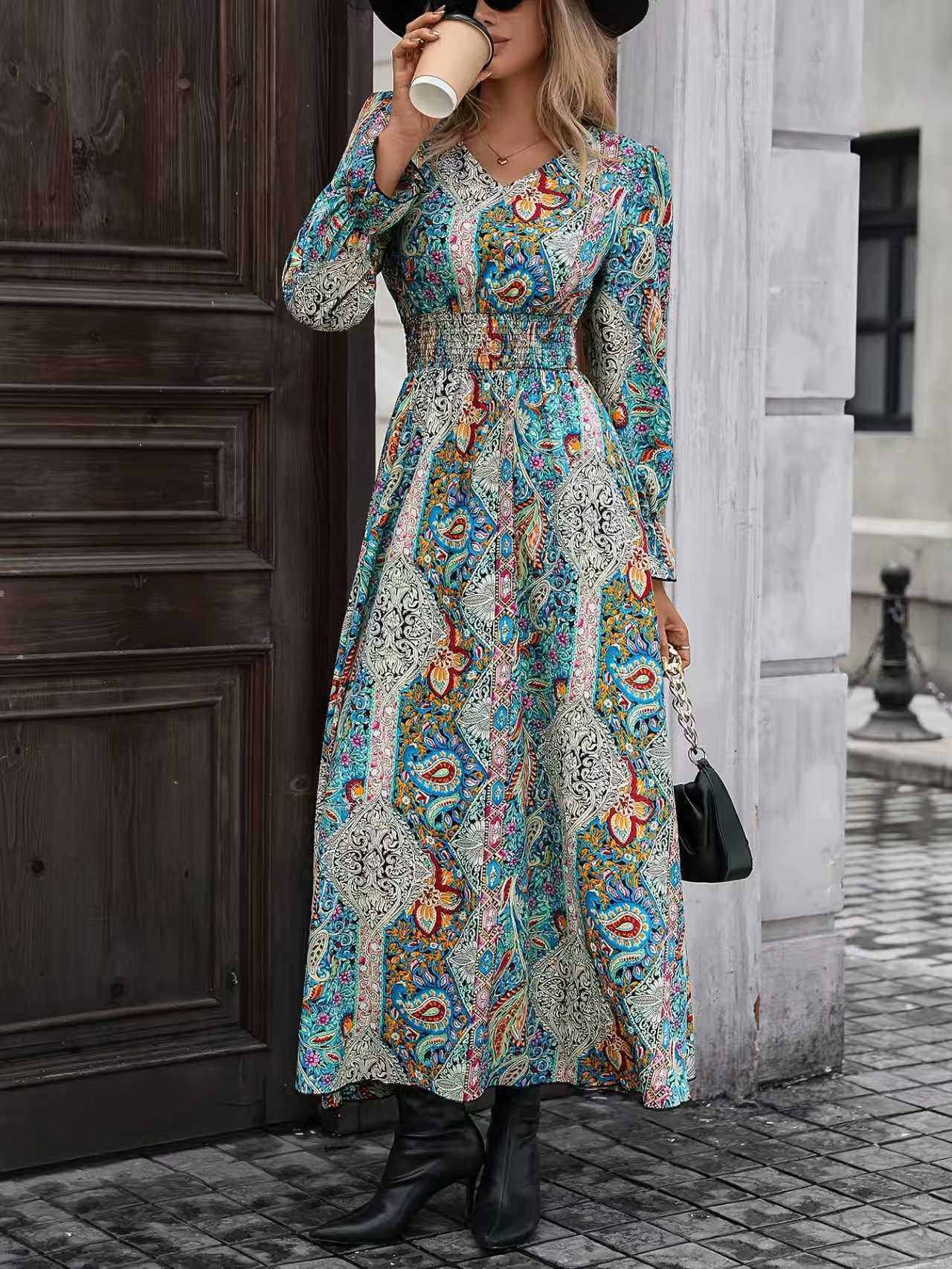 V-Neck Retro Geometric Print Flounce Sleeve Dress