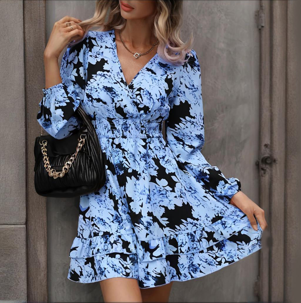 Elegant Printed Lantern Sleeve A-Line Dress V-Neck