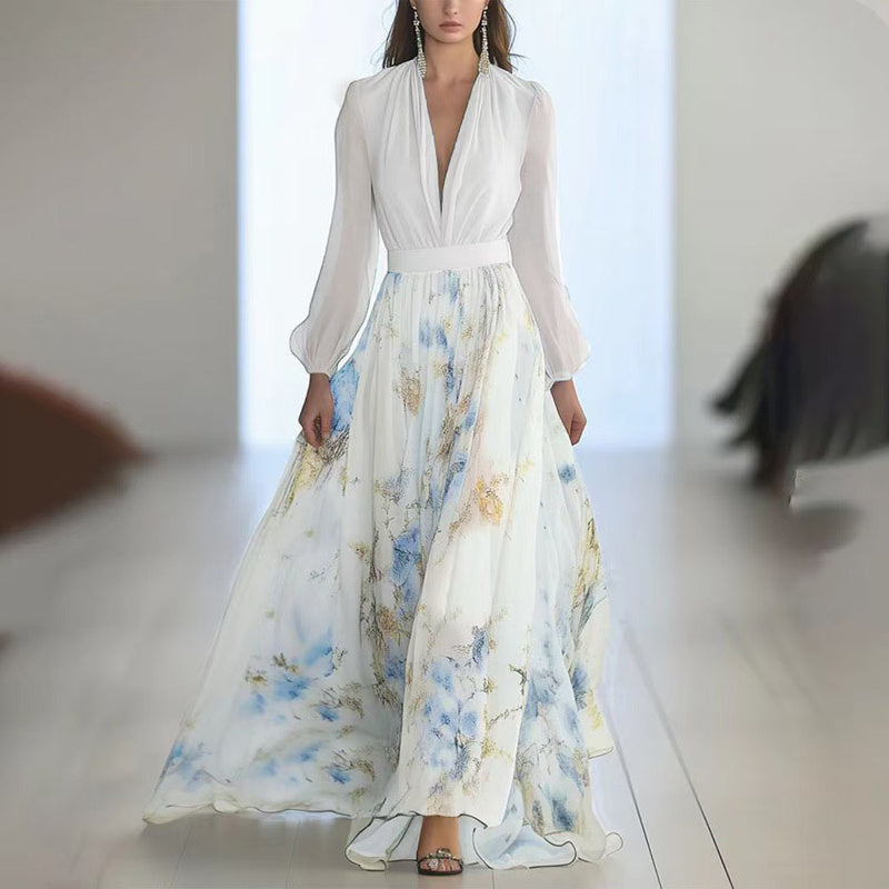 Deep V-Neck Floral Print Boho Maxi Dress With Long Sleeves