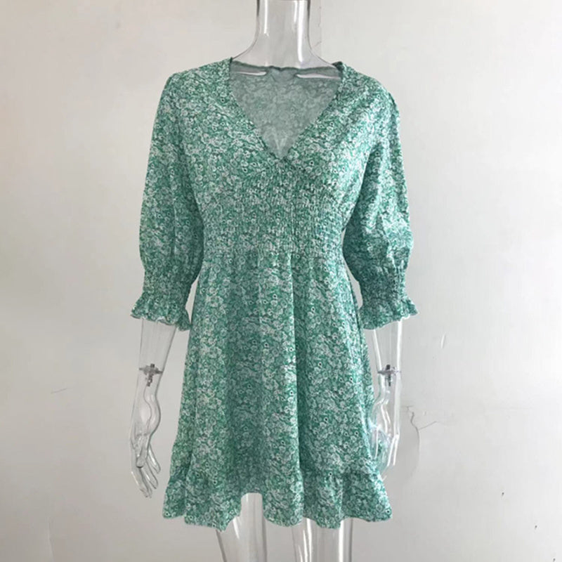 Boho Floral Deep V Neck Smocked Elastic Waist Casual A-Line Swing Mini Dress