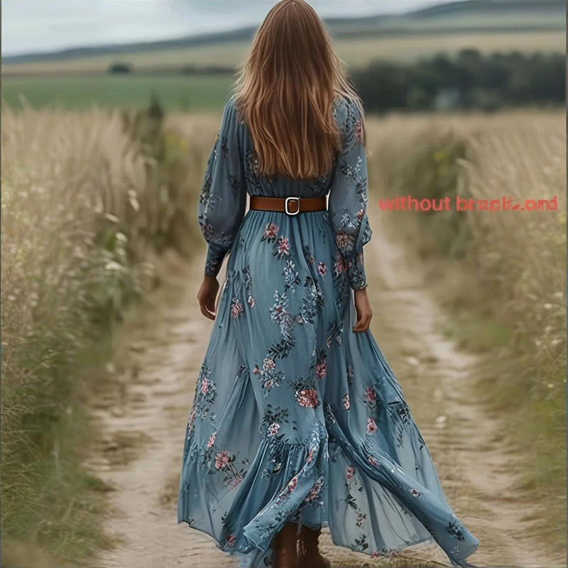 V-Neck Long Sleeve Dress With Lace Trim & Elastic Cuffs