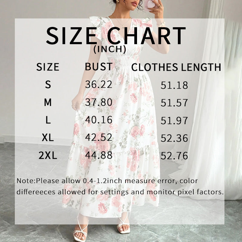 Maxi Dress Flutter Short Sleeve V Neck Smocked A Line Flowy Beach Vacation Long Dresses