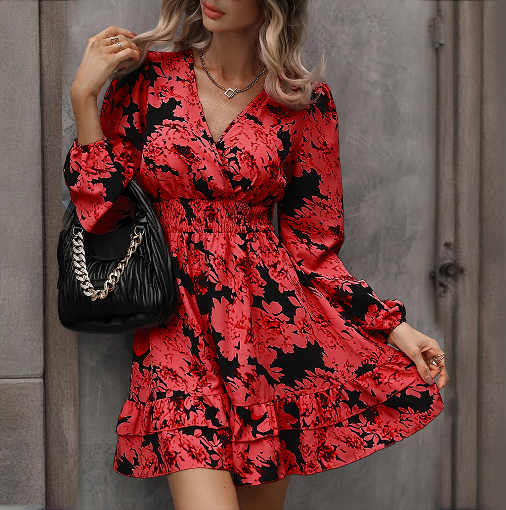 Elegant Printed Lantern Sleeve A-Line Dress V-Neck