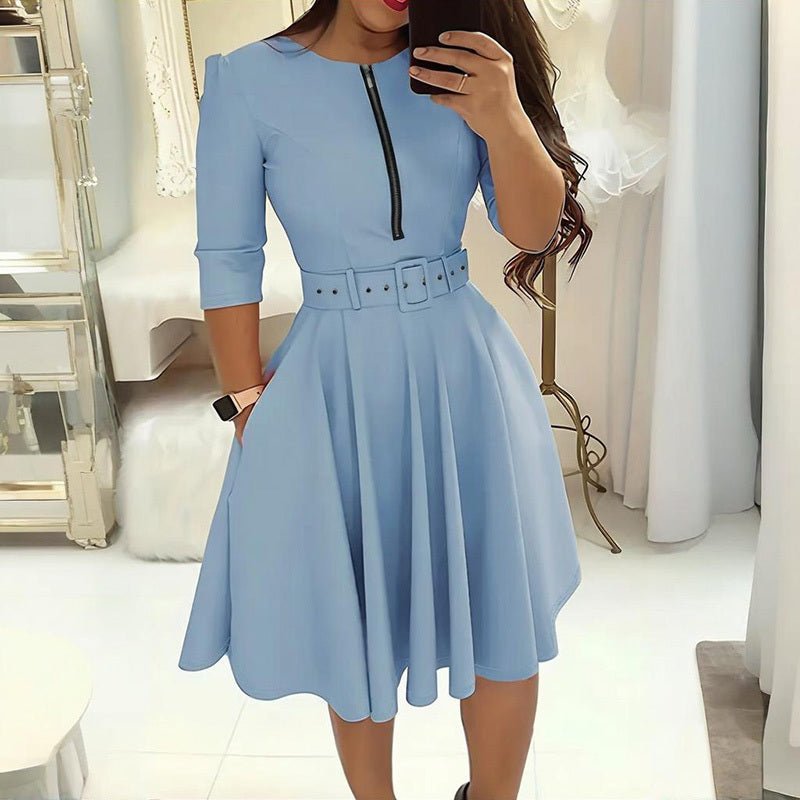 Round Neck Zip Front Midi Dress With Belt