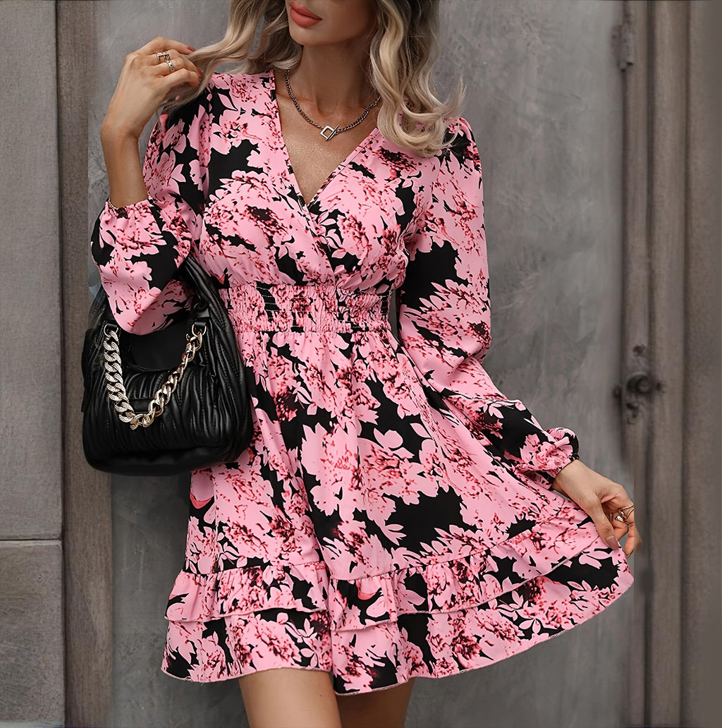 Elegant Printed Lantern Sleeve A-Line Dress V-Neck