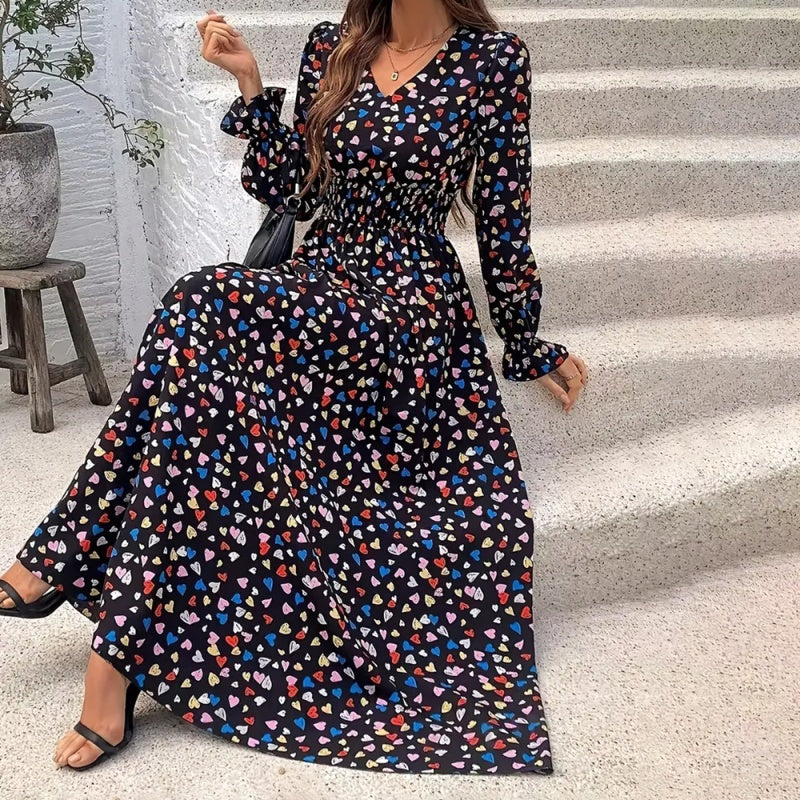 V-Neck Floral Print Long Sleeve Maxi Dress