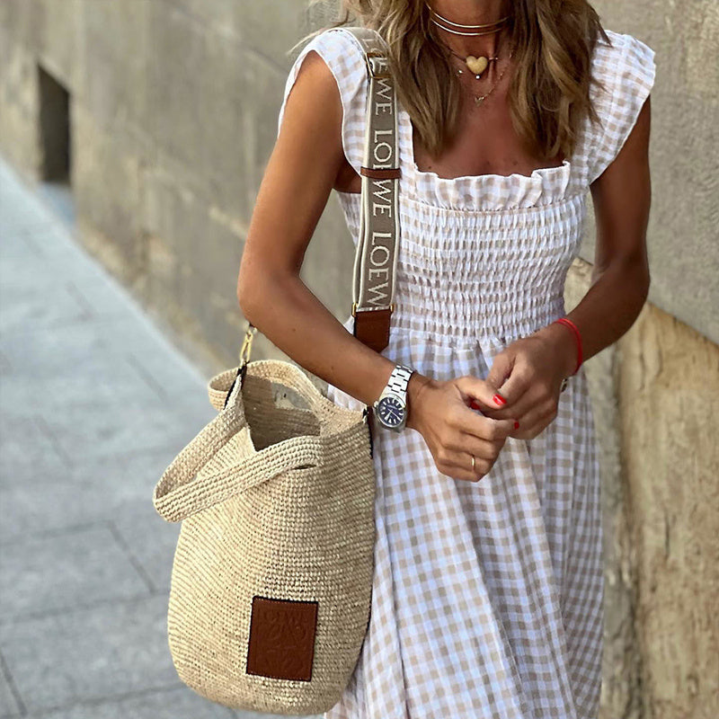 Square Neck A-Line Dress With Plaid Print