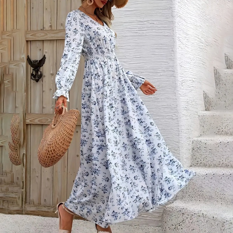 V-Neck Floral Print Long Sleeve Maxi Dress